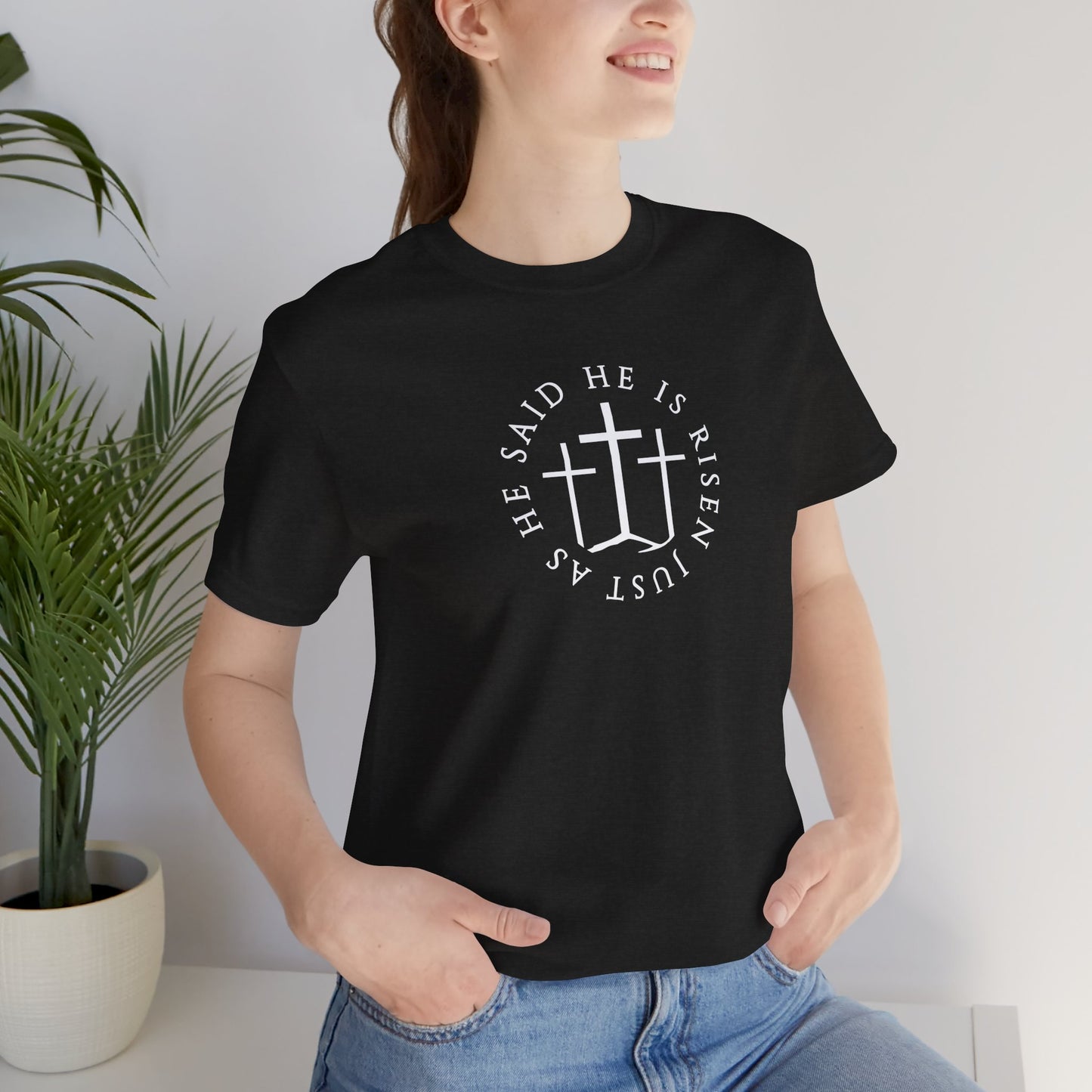 Risen Cross – Matthew 28:6 Short Sleeve Tee (Front Print)