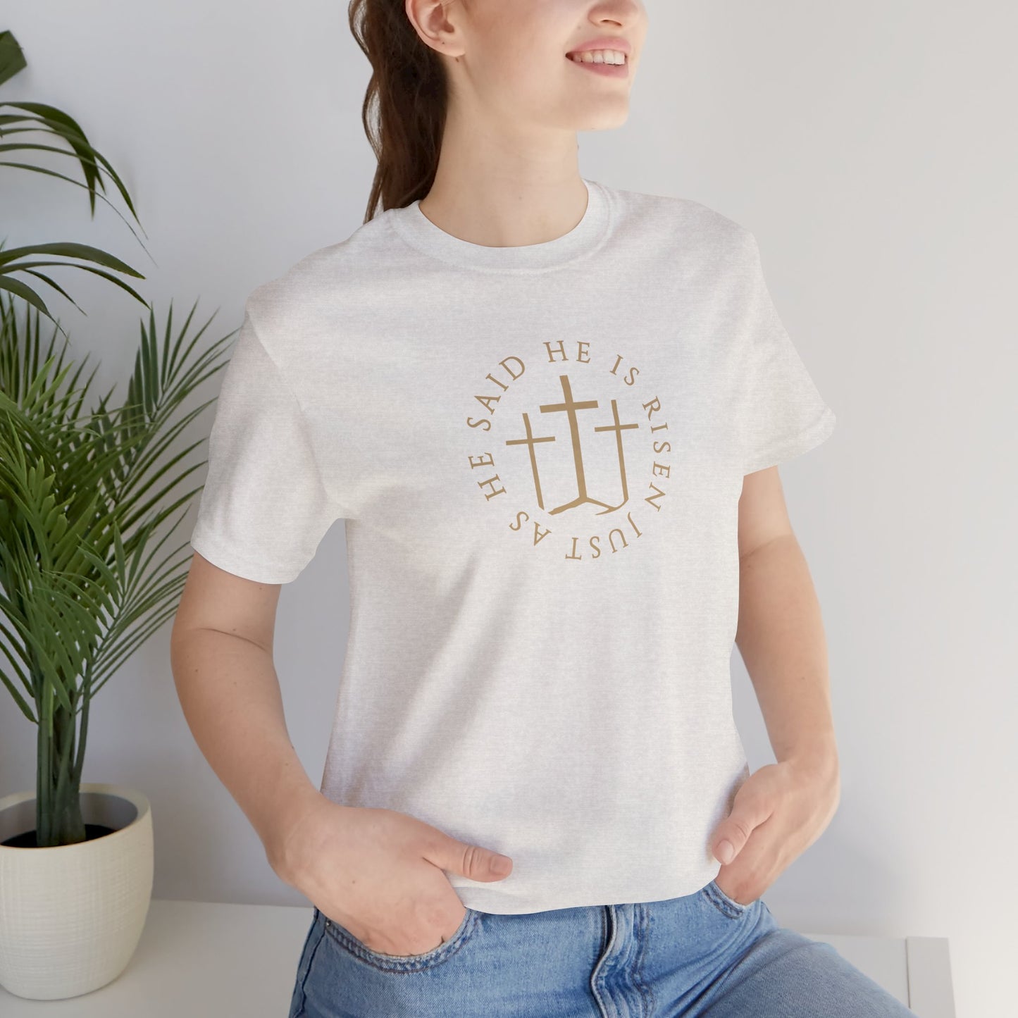 Risen Cross – Matthew 28:6 Short Sleeve Tee (Front Print)