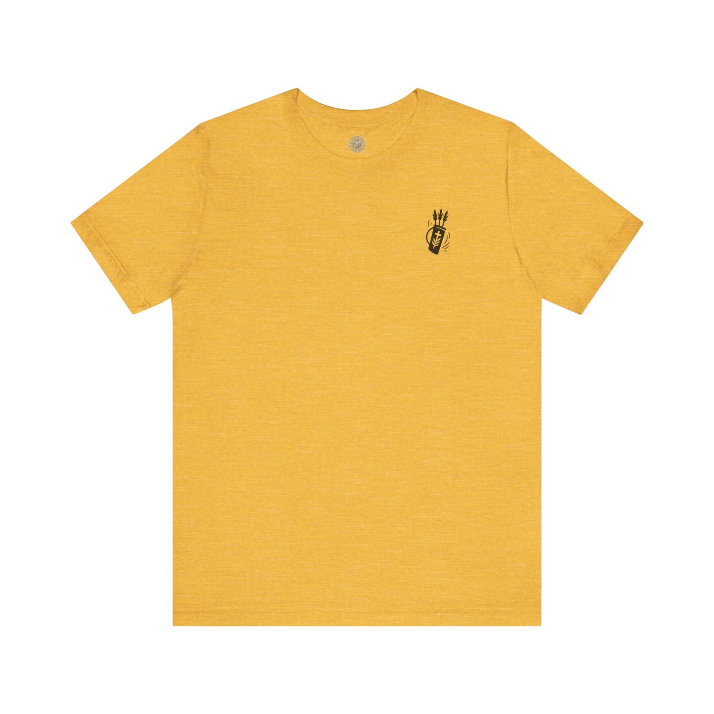 Heather Yellow Christian t-shirt with Like Arrows Psalm 127:4 design featuring small quiver of arrows over the heart