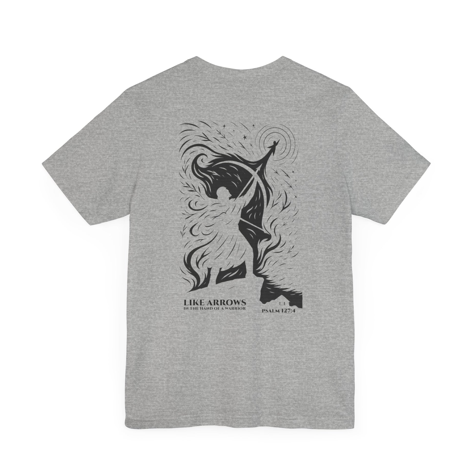 Like Arrows Psalm 127:4 Christian t-shirt showing warrior drawing bow with child-shaped arrow design