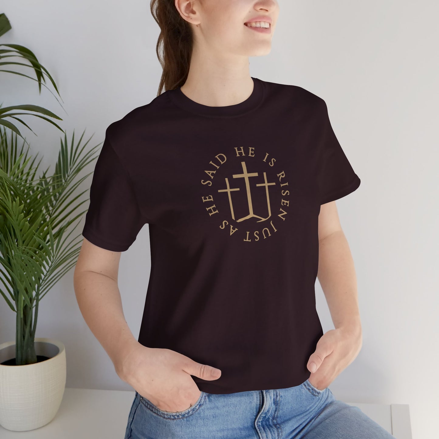 Risen Cross – Matthew 28:6 Short Sleeve Tee (Front Print)