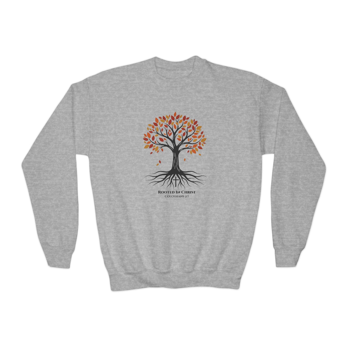 Rooted In Christ – Colossians 2:7 Youth Christian Fall Crewneck