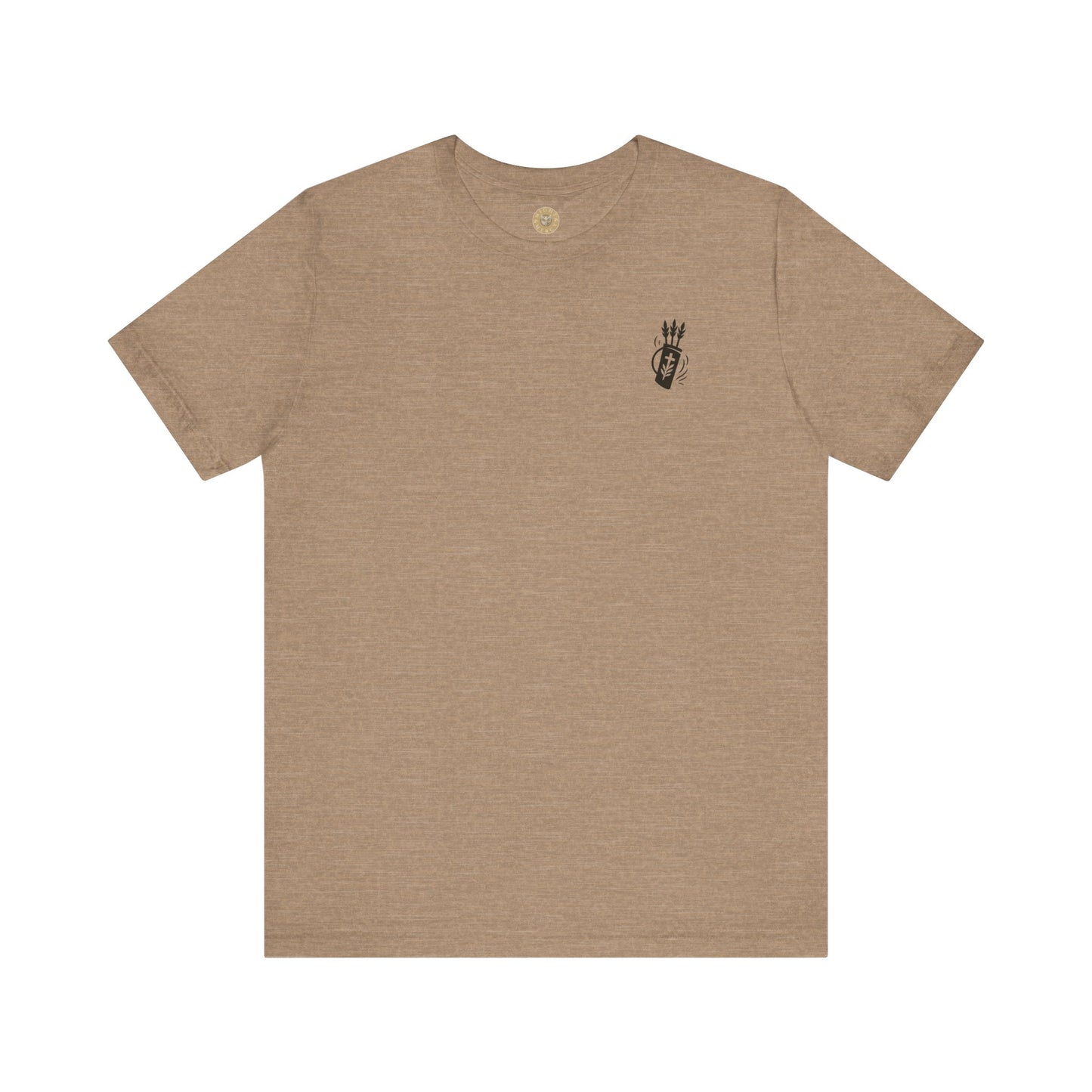 Heather tan Christian t-shirt with Like Arrows Psalm 127:4 design featuring small quiver of arrows over the heart