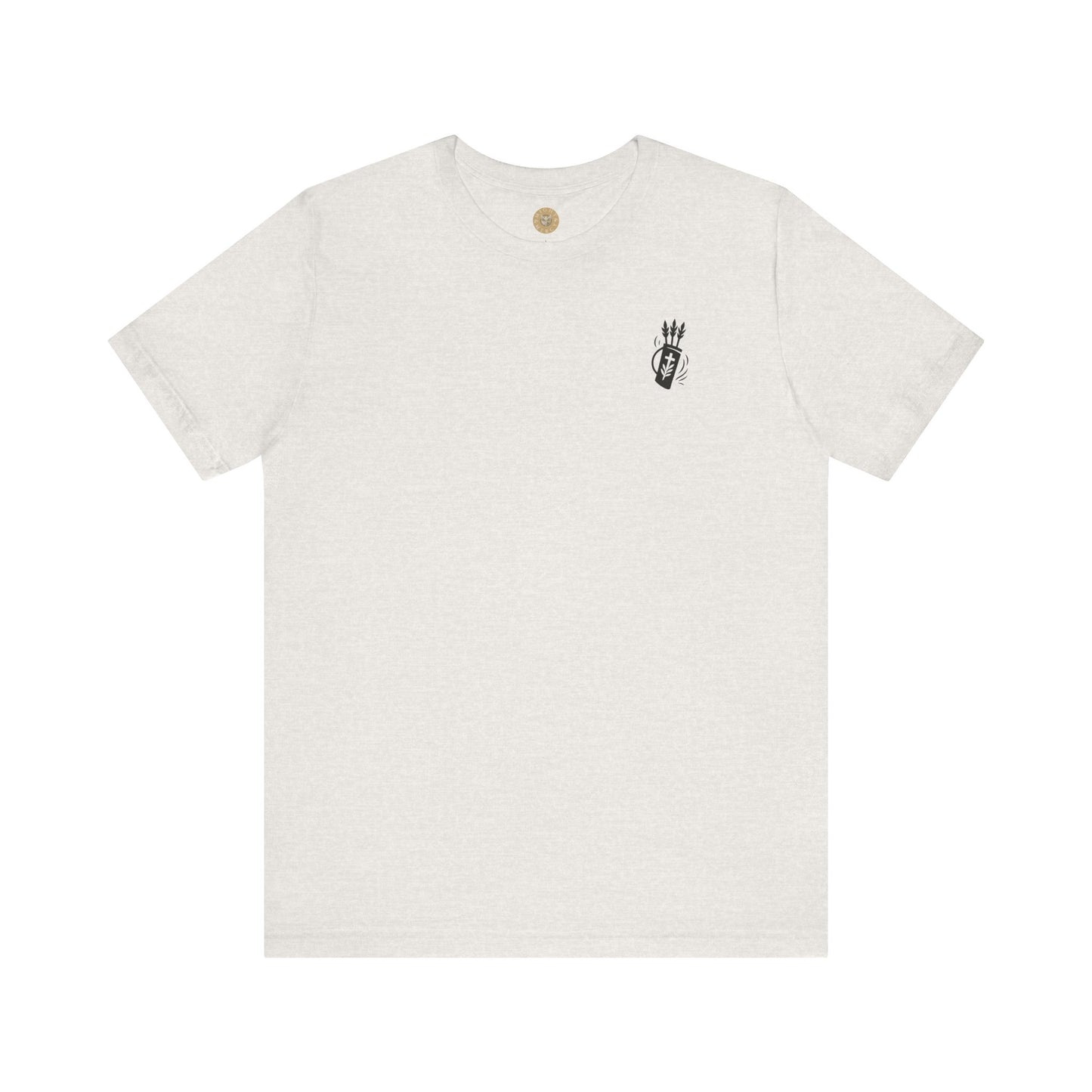 Heather Cement Christian t-shirt with Like Arrows Psalm 127:4 design featuring small quiver of arrows over the heart