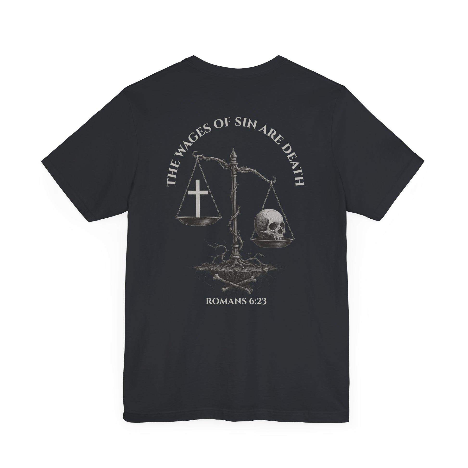 Back view of Romans 6:23 Christian t-shirt showing gospel message design