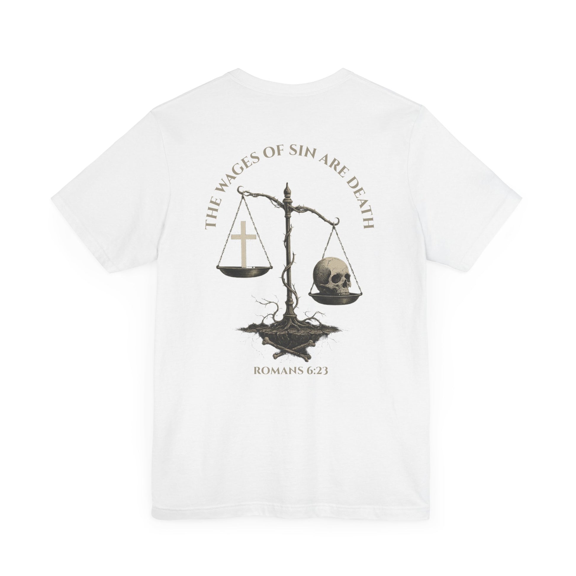 Back view of Romans 6:23 Christian t-shirt showing gospel message design