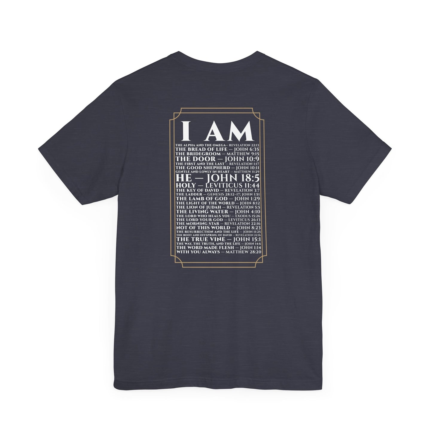 Back view of The Great I AM Christian t-shirt showing biblical design