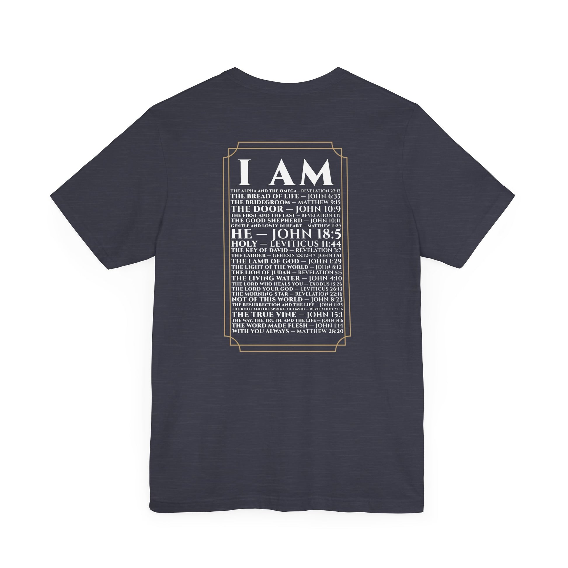 Back view of The Great I AM Christian t-shirt showing biblical design