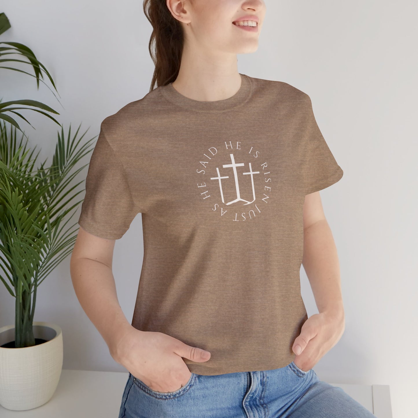 Risen Cross – Matthew 28:6 Short Sleeve Tee (Front Print)