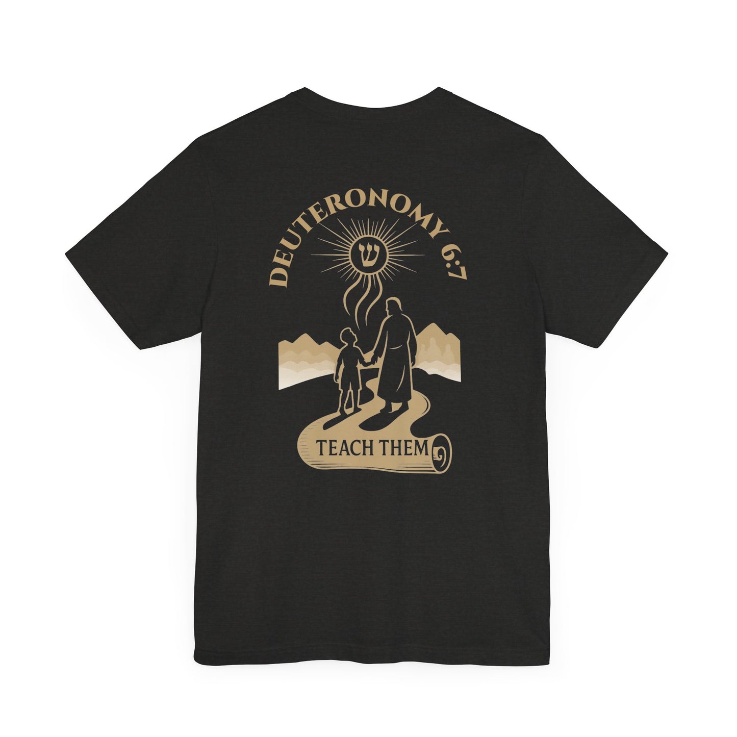 Deuteronomy 6:7 Christian t-shirt with 'Teach Them Diligently' vintage design showing scripture text and symbolic imagery