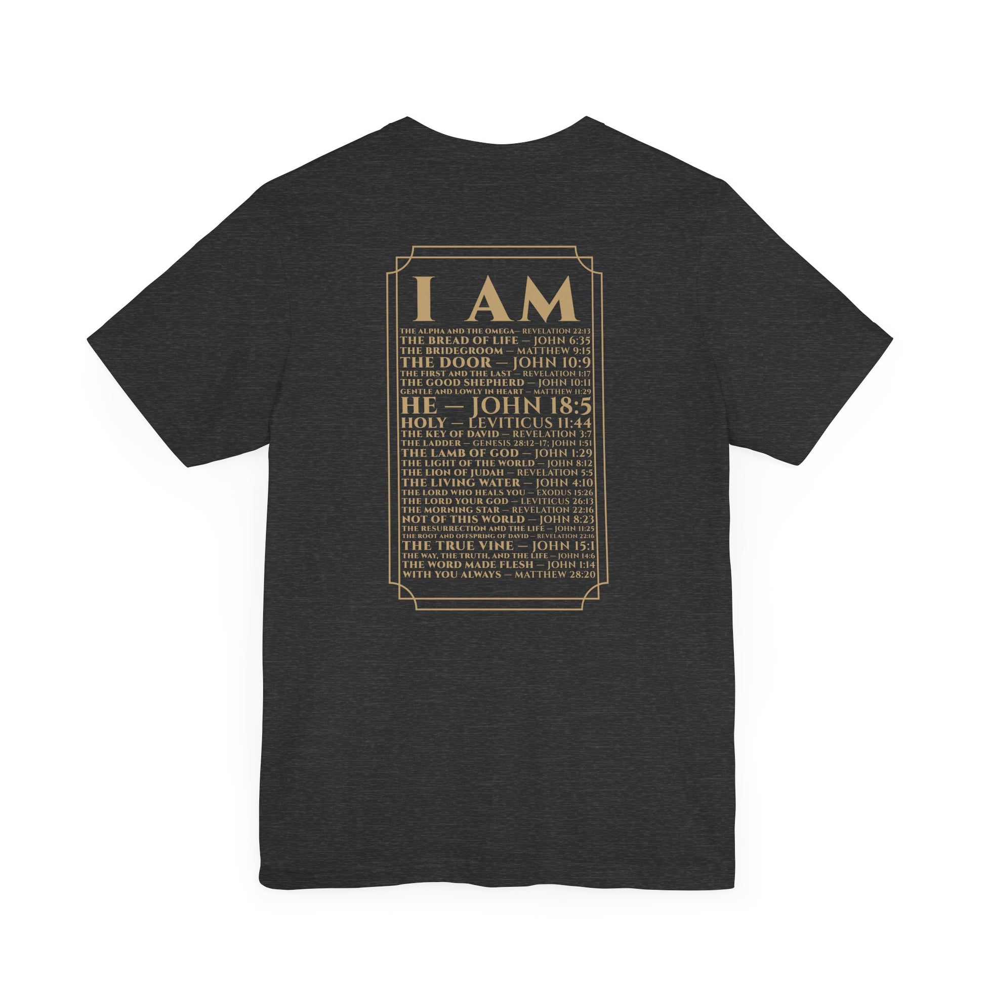 Back view of The Great I AM Christian t-shirt showing biblical design