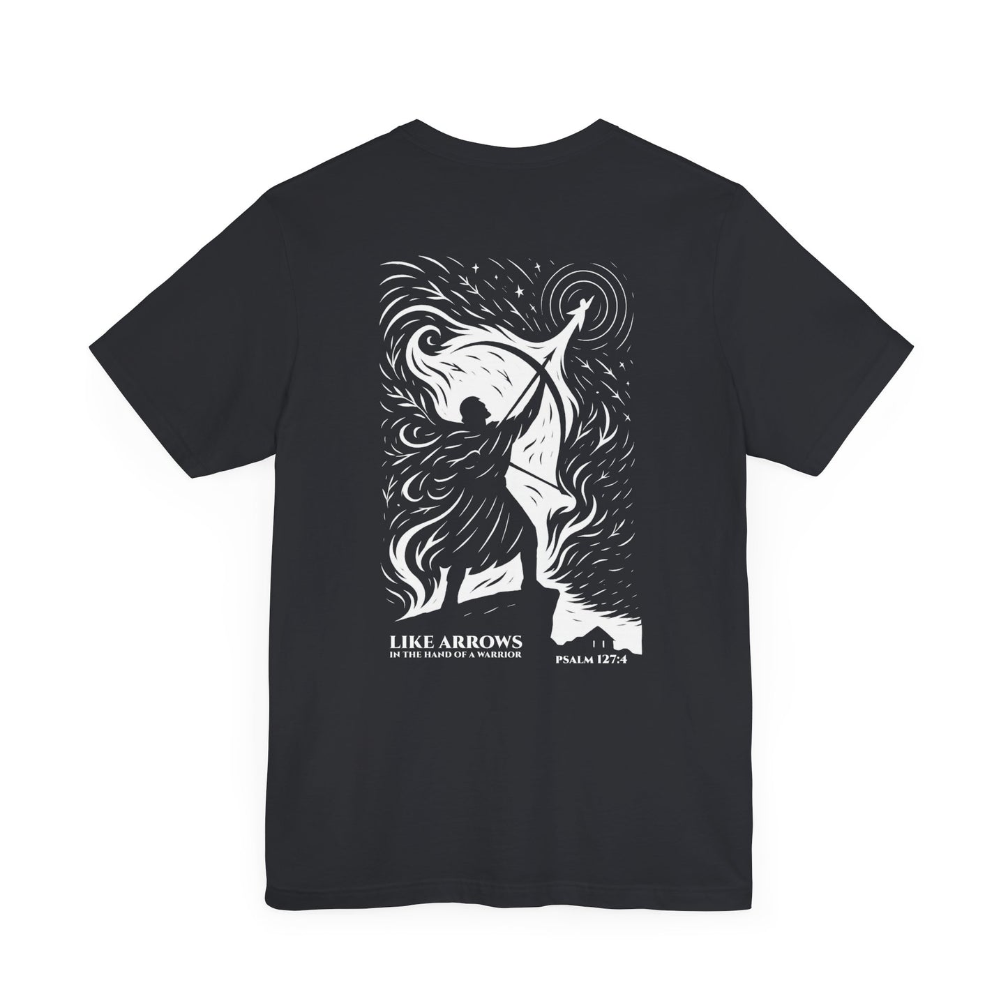 Like Arrows Psalm 127:4 Christian t-shirt showing warrior drawing bow with child-shaped arrow design