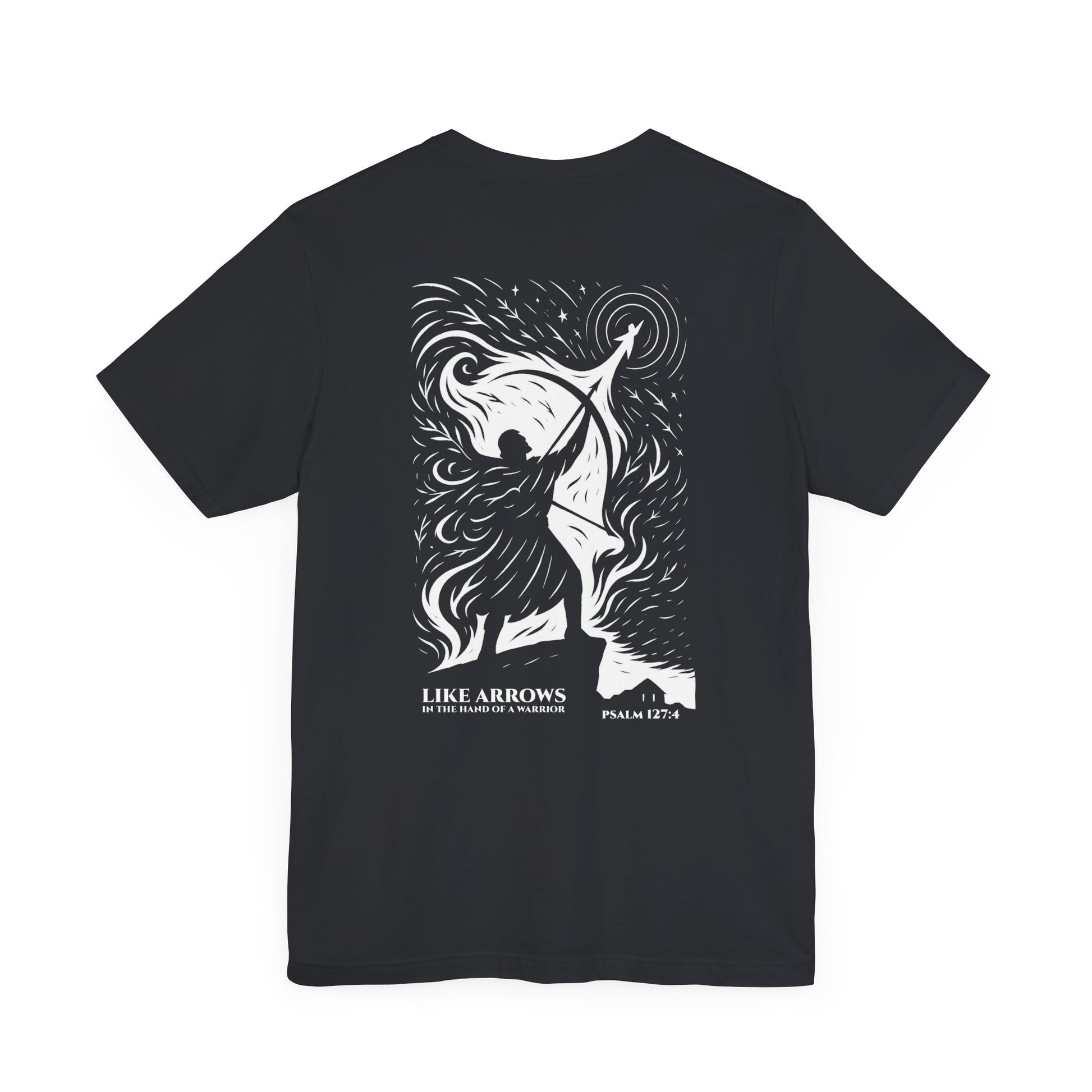 Like Arrows Psalm 127:4 Christian t-shirt showing warrior drawing bow with child-shaped arrow design