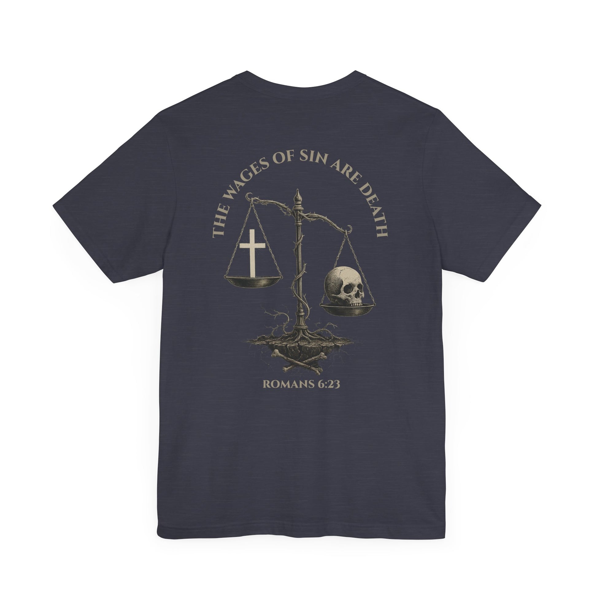 Back view of Romans 6:23 Christian t-shirt showing gospel message design