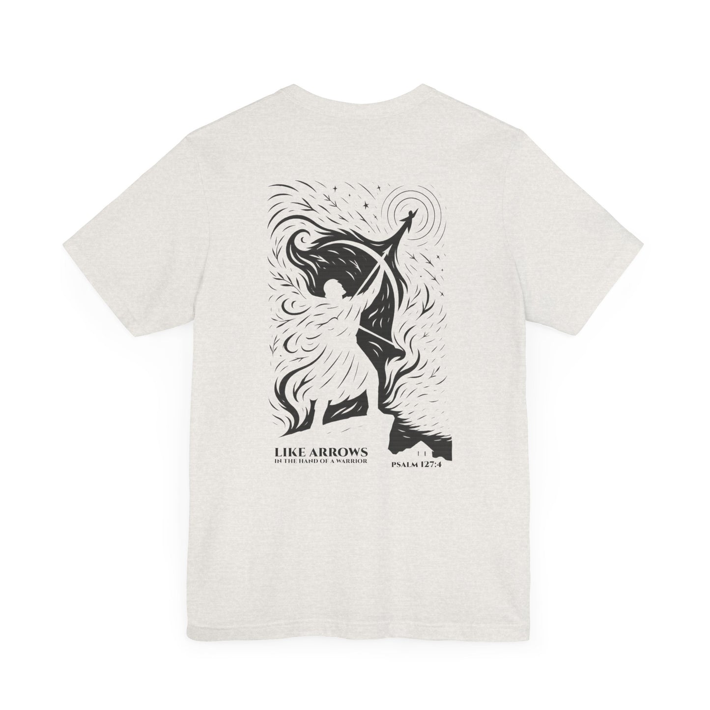 Like Arrows Psalm 127:4 Christian t-shirt showing warrior drawing bow with child-shaped arrow design