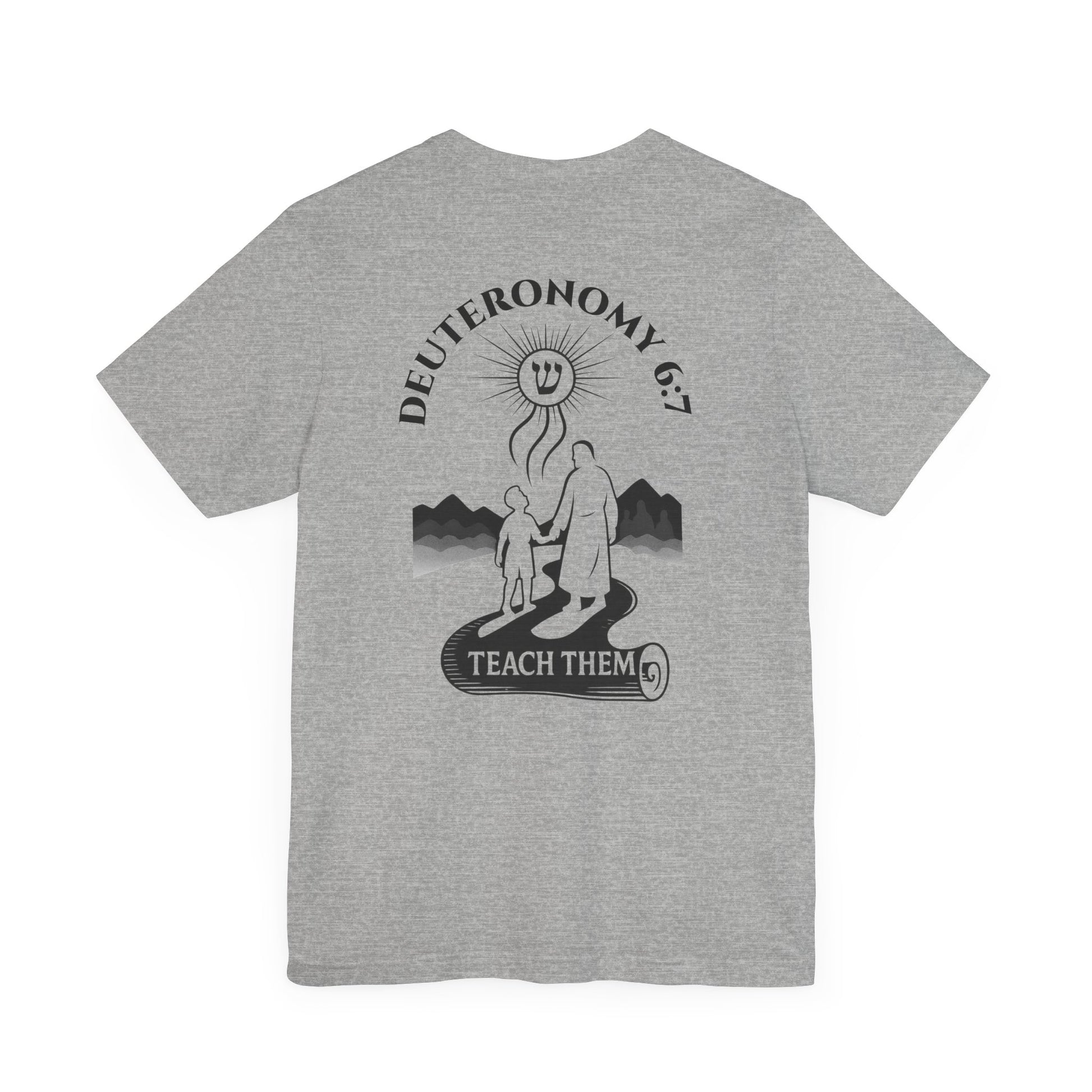 Deuteronomy 6:7 Christian t-shirt with 'Teach Them Diligently' vintage design showing scripture text and symbolic imagery