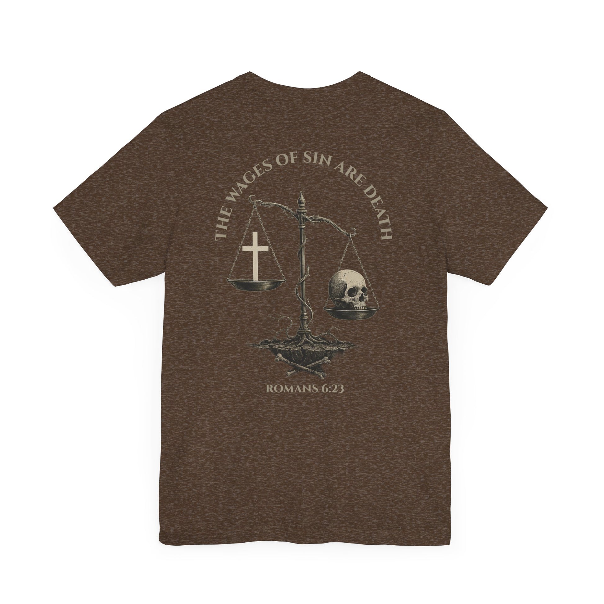 Back view of Romans 6:23 Christian t-shirt showing gospel message design