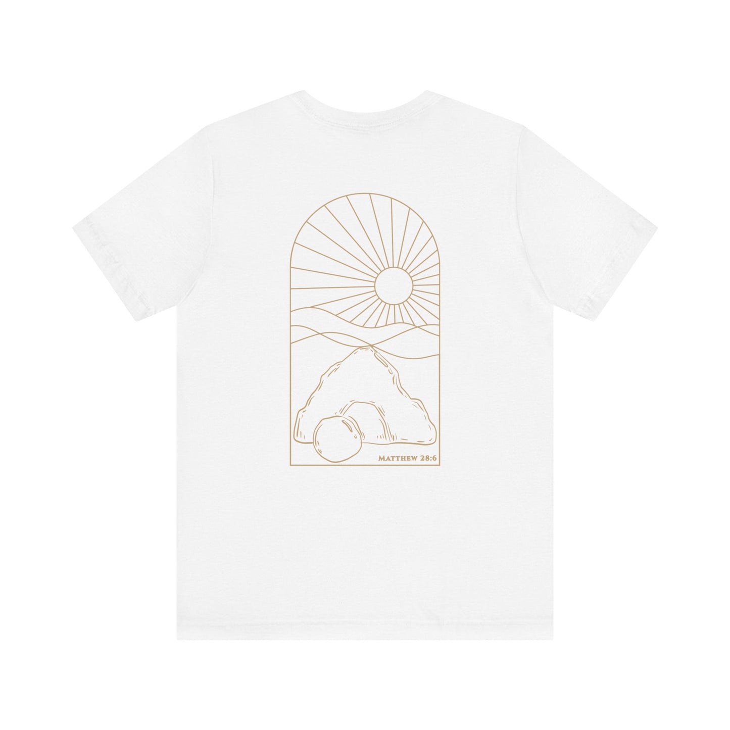 Risen Tomb – Matthew 28:6 Short Sleeve Tee (Back Print)