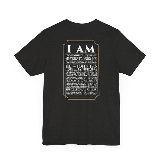Back view of The Great I AM Christian t-shirt showing biblical design