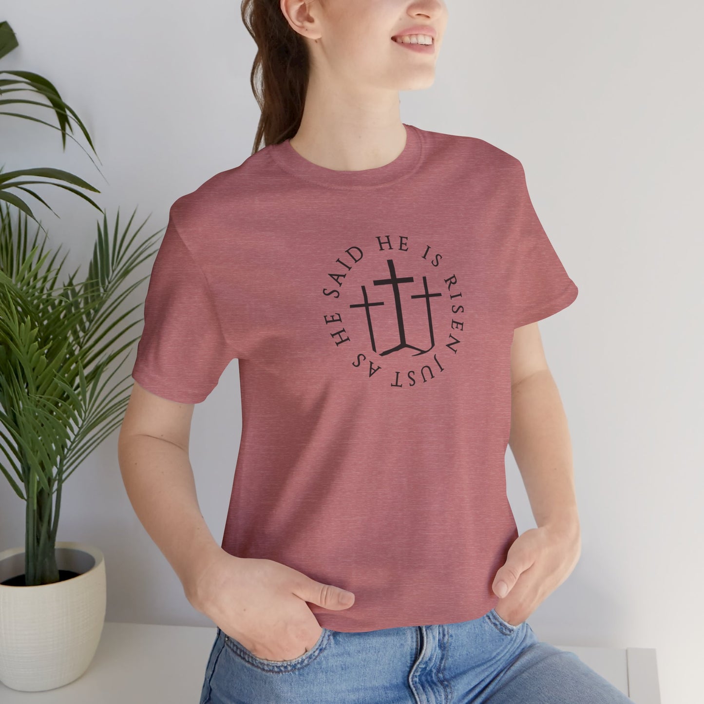 Risen Cross – Matthew 28:6 Short Sleeve Tee (Front Print)