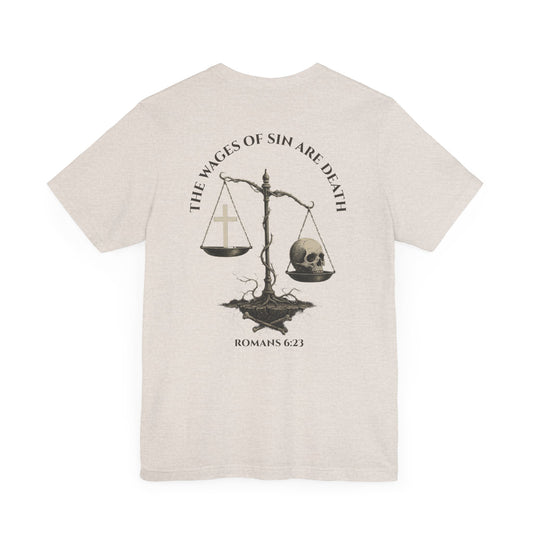 Back view of Romans 6:23 Christian t-shirt showing gospel message design