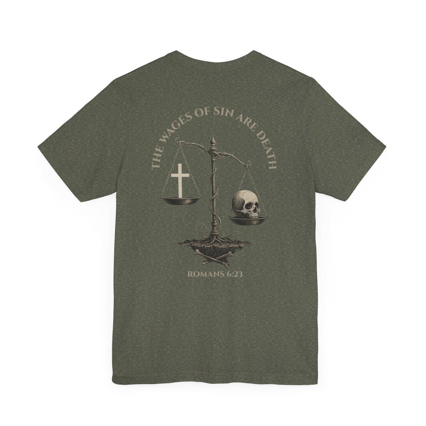 Back view of Romans 6:23 Christian t-shirt showing gospel message design