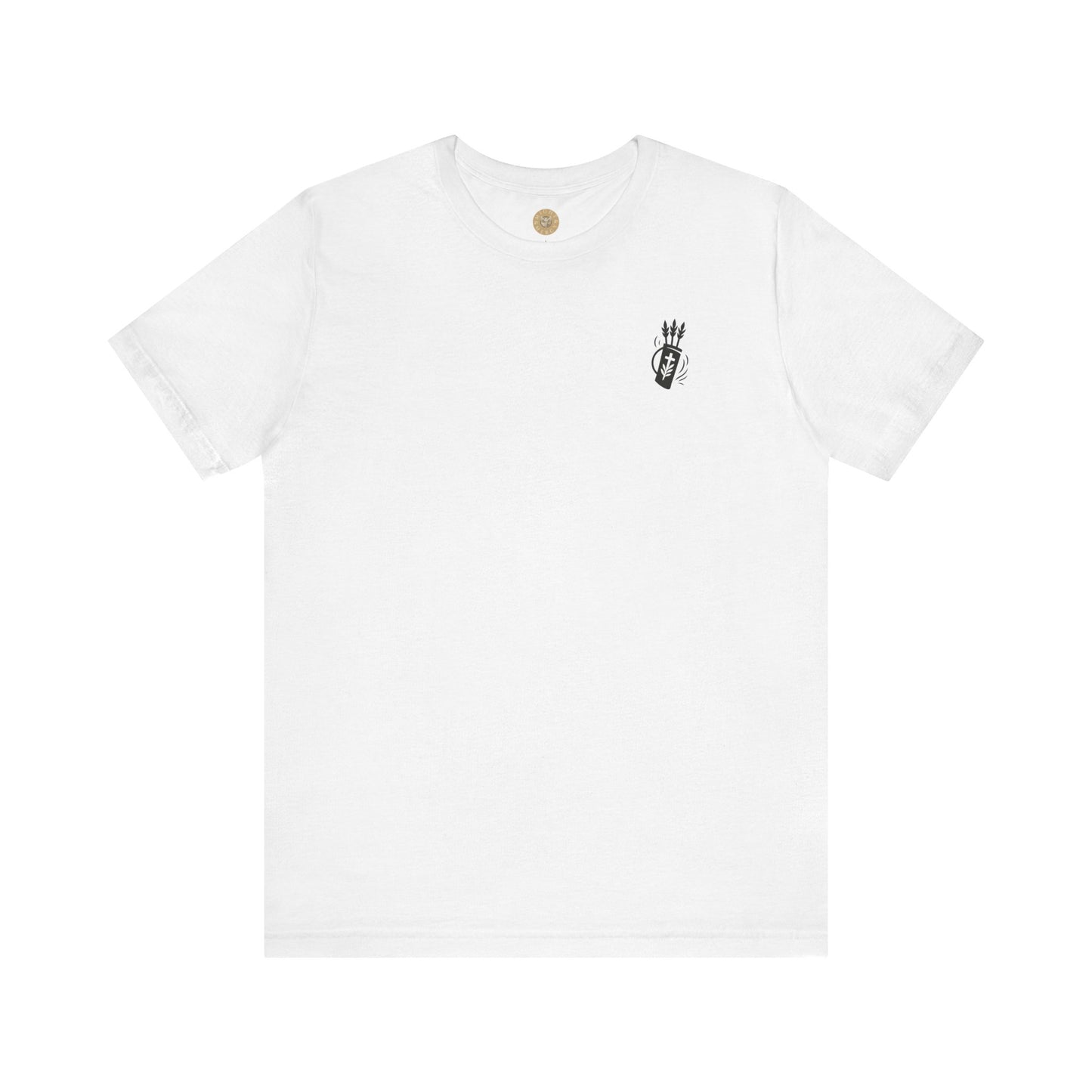 White Christian t-shirt with Like Arrows Psalm 127:4 design featuring small quiver of arrows over the heart