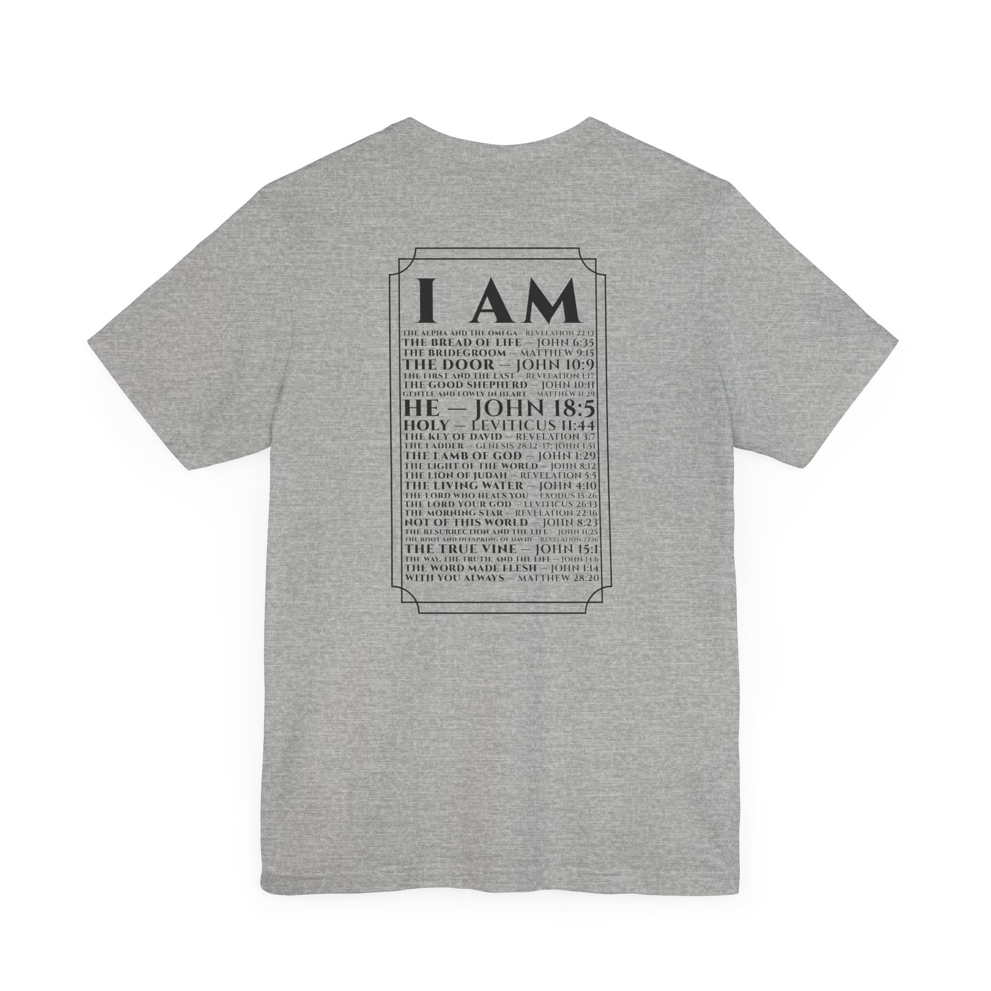 Back view of The Great I AM Christian t-shirt showing biblical design