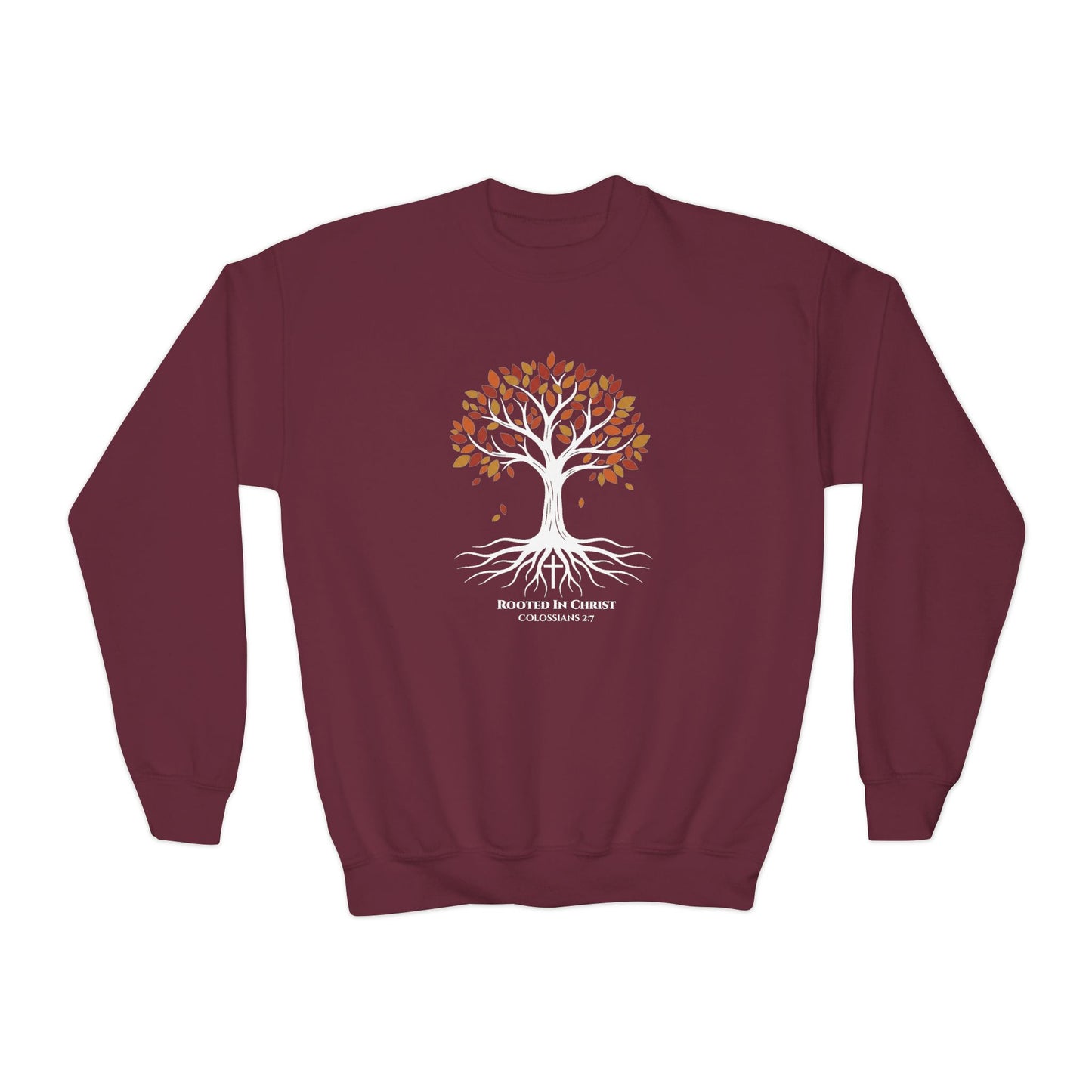 Rooted In Christ – Colossians 2:7 Youth Christian Fall Crewneck