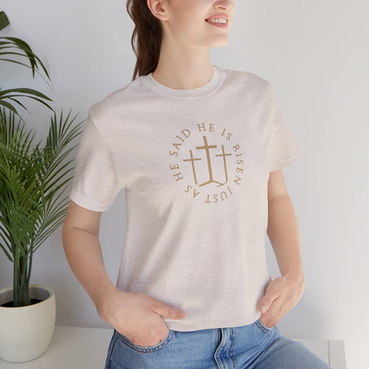Risen Cross – Matthew 28:6 Short Sleeve Tee (Front Print)