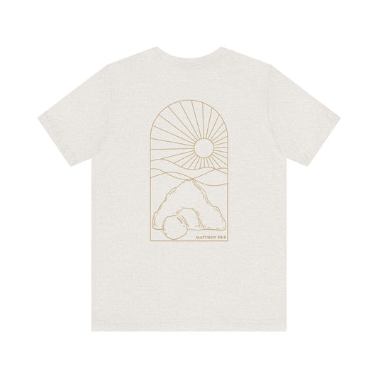 Risen Tomb – Matthew 28:6 Short Sleeve Tee (Back Print)