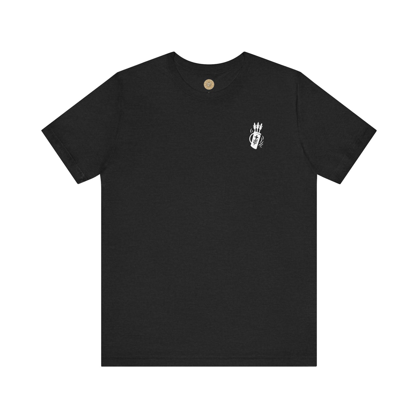Black Christian t-shirt with Like Arrows Psalm 127:4 design featuring small quiver of arrows over the heart
