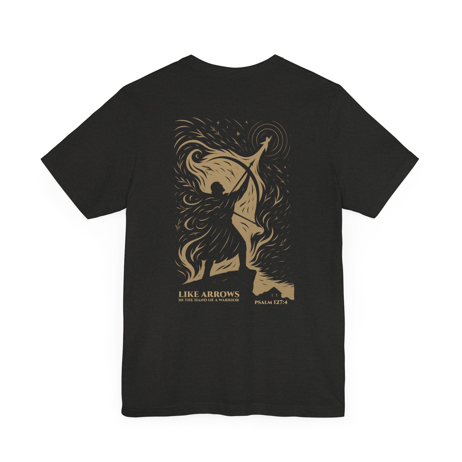 Like Arrows Psalm 127:4 Christian t-shirt showing warrior drawing bow with child-shaped arrow design