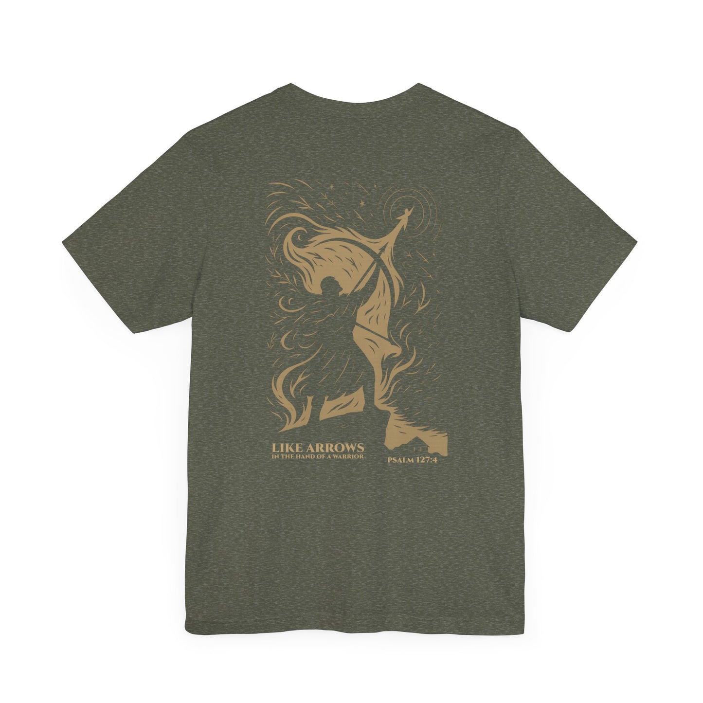 Like Arrows Psalm 127:4 Christian t-shirt showing warrior drawing bow with child-shaped arrow design